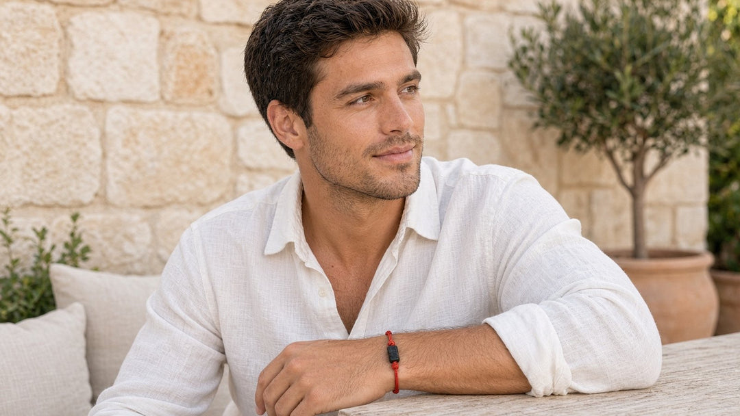Man wearing a red cord Black Tourmaline bracelet outdoors