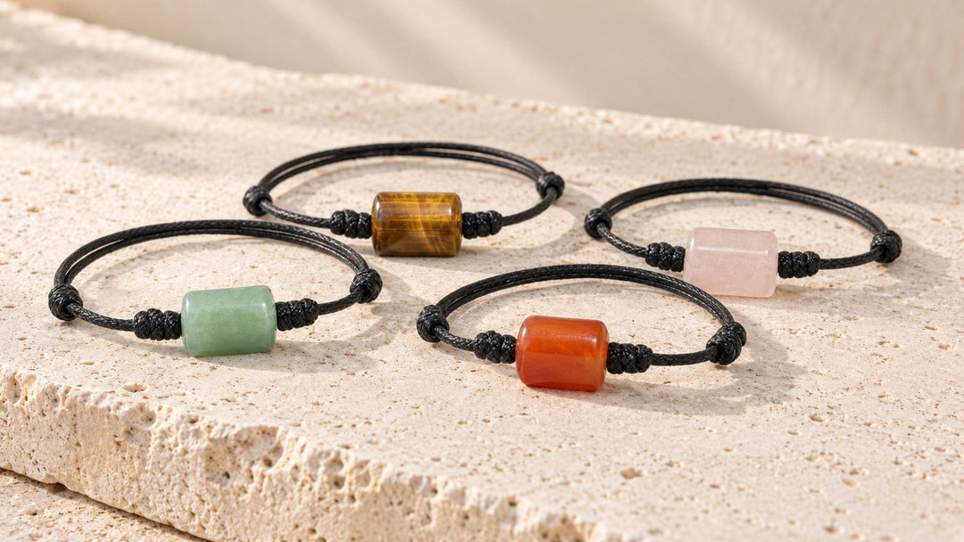 Gemstone bracelets with Tiger Eye, Rose Quartz, Carnelian and green stone