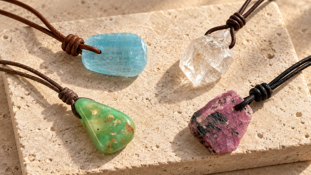 Natural stone pendant necklaces displayed on cream travertine