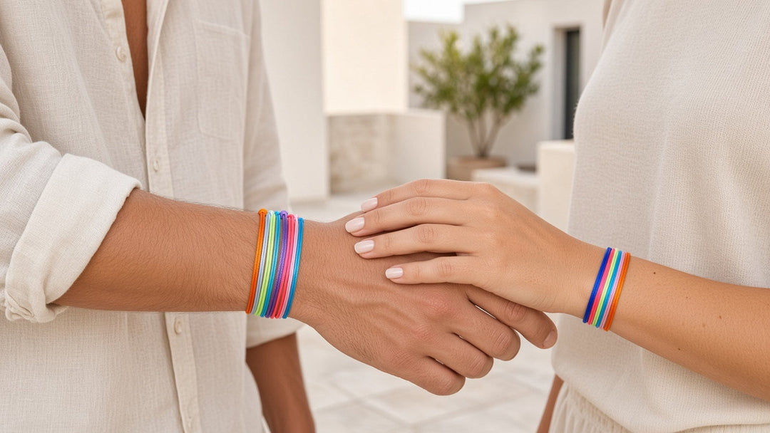 Couple wearing colorful nylon cord bracelets in matching stacks