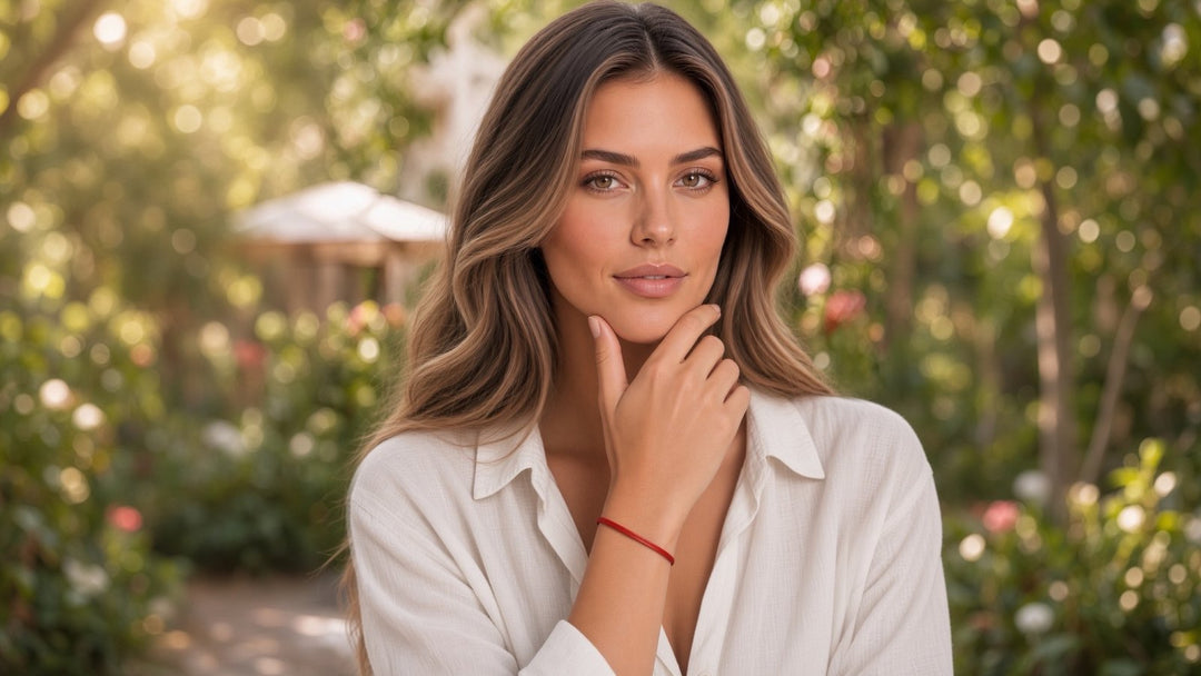 Woman wearing a thin red string bracelet in an outdoor setting