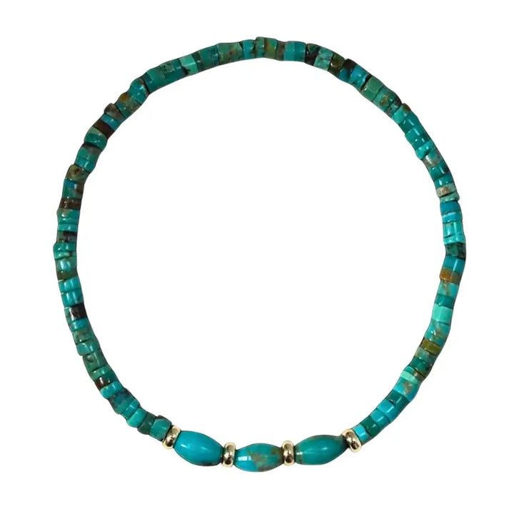 Genuine turquoise heishi and solid gold bracelet with rondelle accents, minimalist jewelry design. Luck Strings