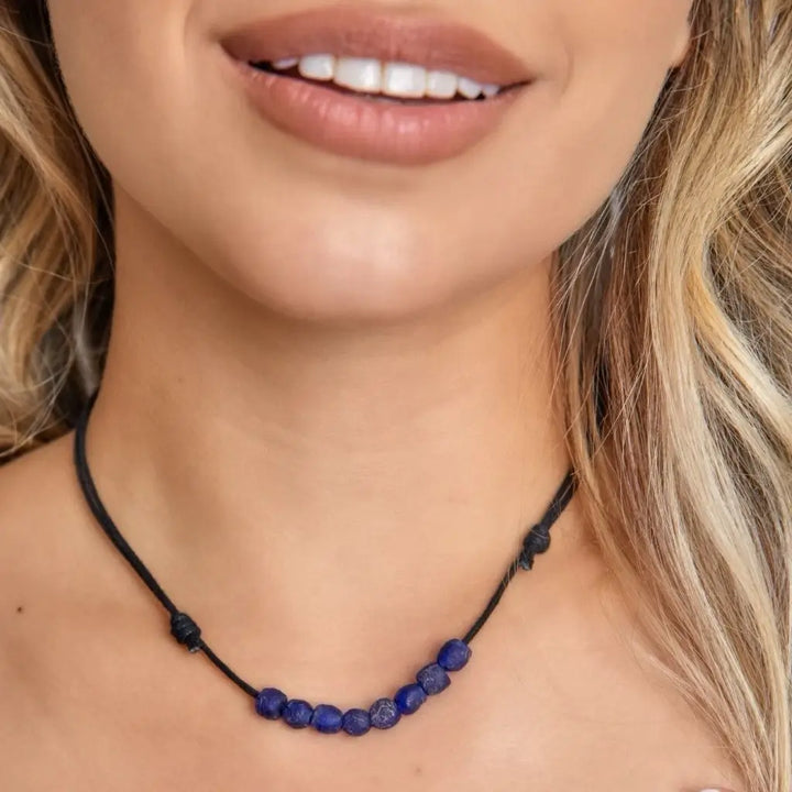 Handcrafted African Recycled Sea Glass Choker on Model, Adjustable Water-Resistant Necklace for Boho Style - Luck Strings