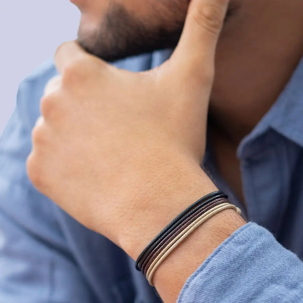 Modeled Black-Brown-Tan Wax Nylon Cord Bracelets