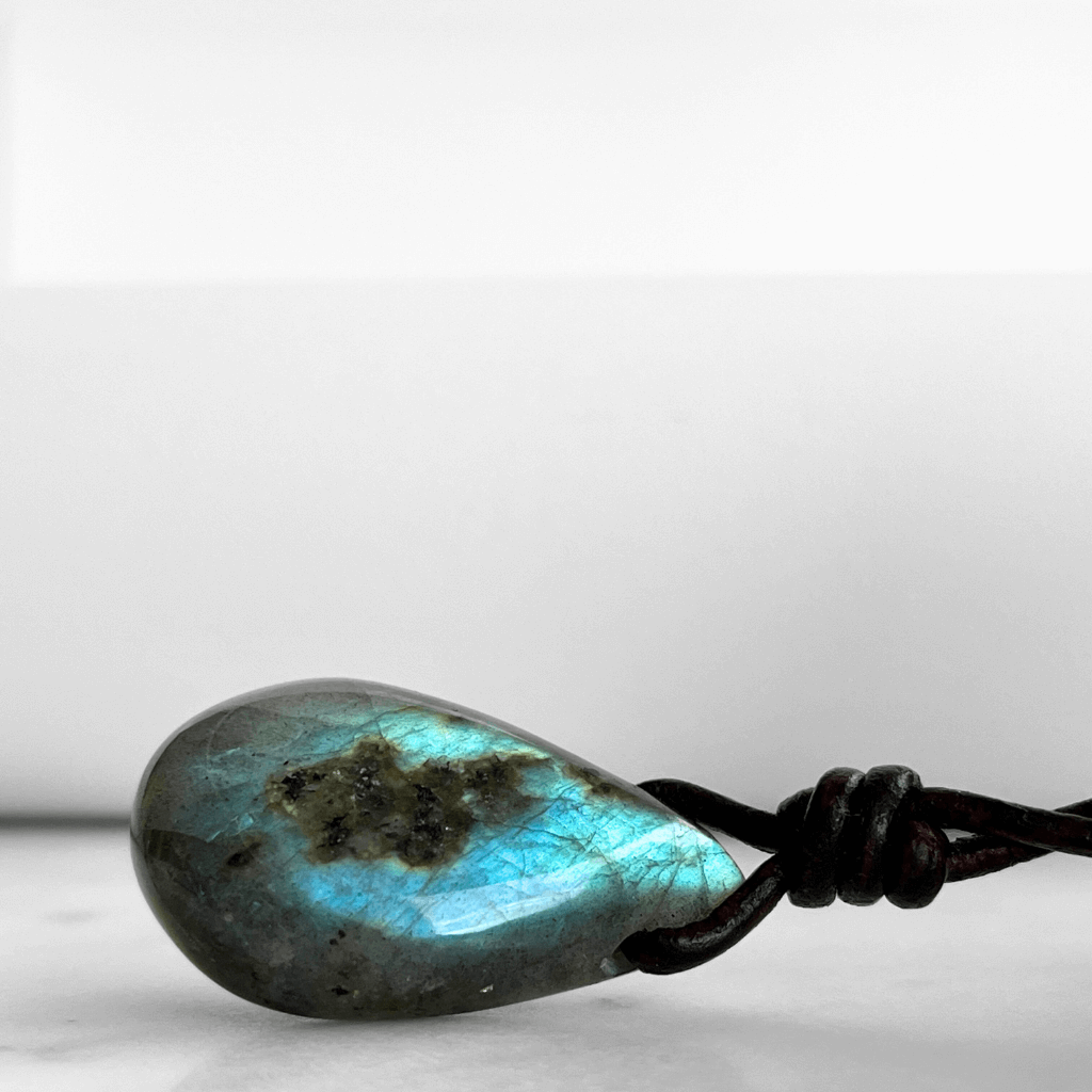Labradorite Teardrop Gemstone OOAK Pendant Necklace with Blue Flash - Mesmerizing by Luck Strings.