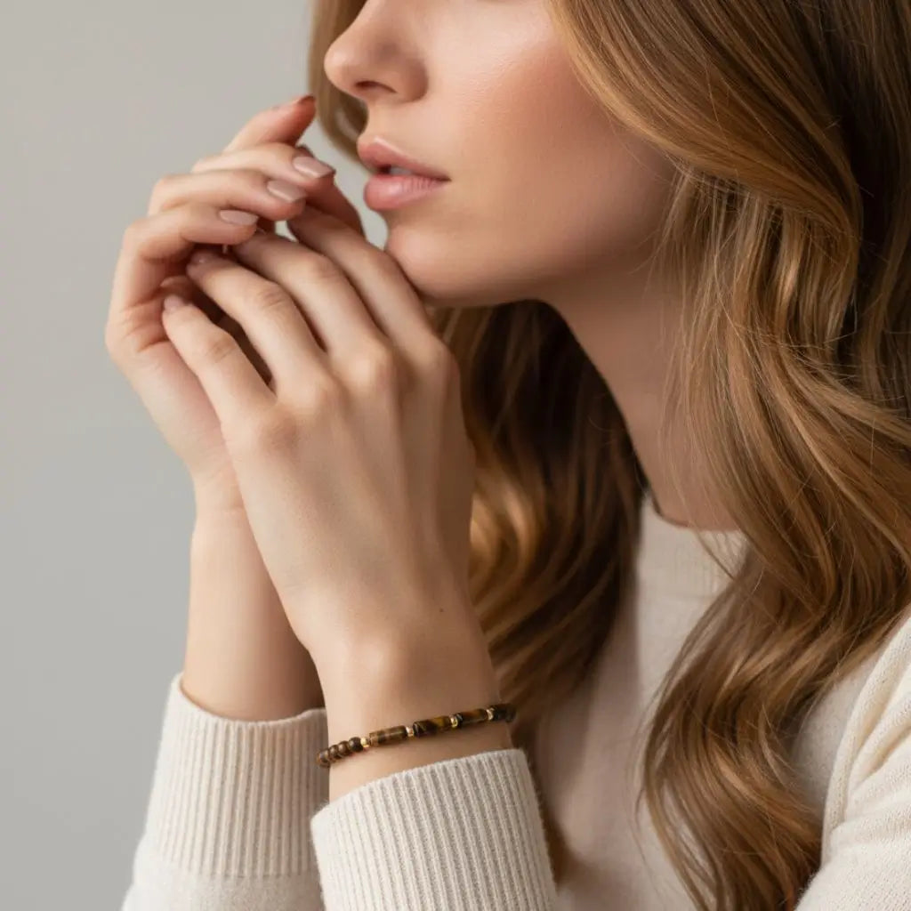 Woman wearing Tiger’s Eye and 14K solid gold bracelet, neutral tones, luxury fine jewelry look.