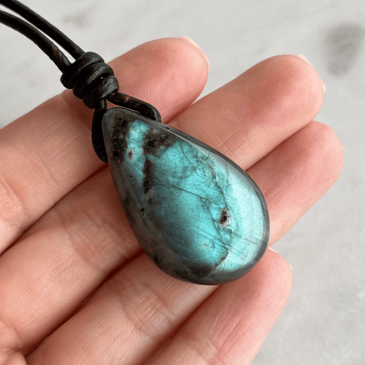 Labradorite Teardrop Gemstone OOAK Pendant Necklace with Blue Flash - Mesmerizing by Luck Strings.