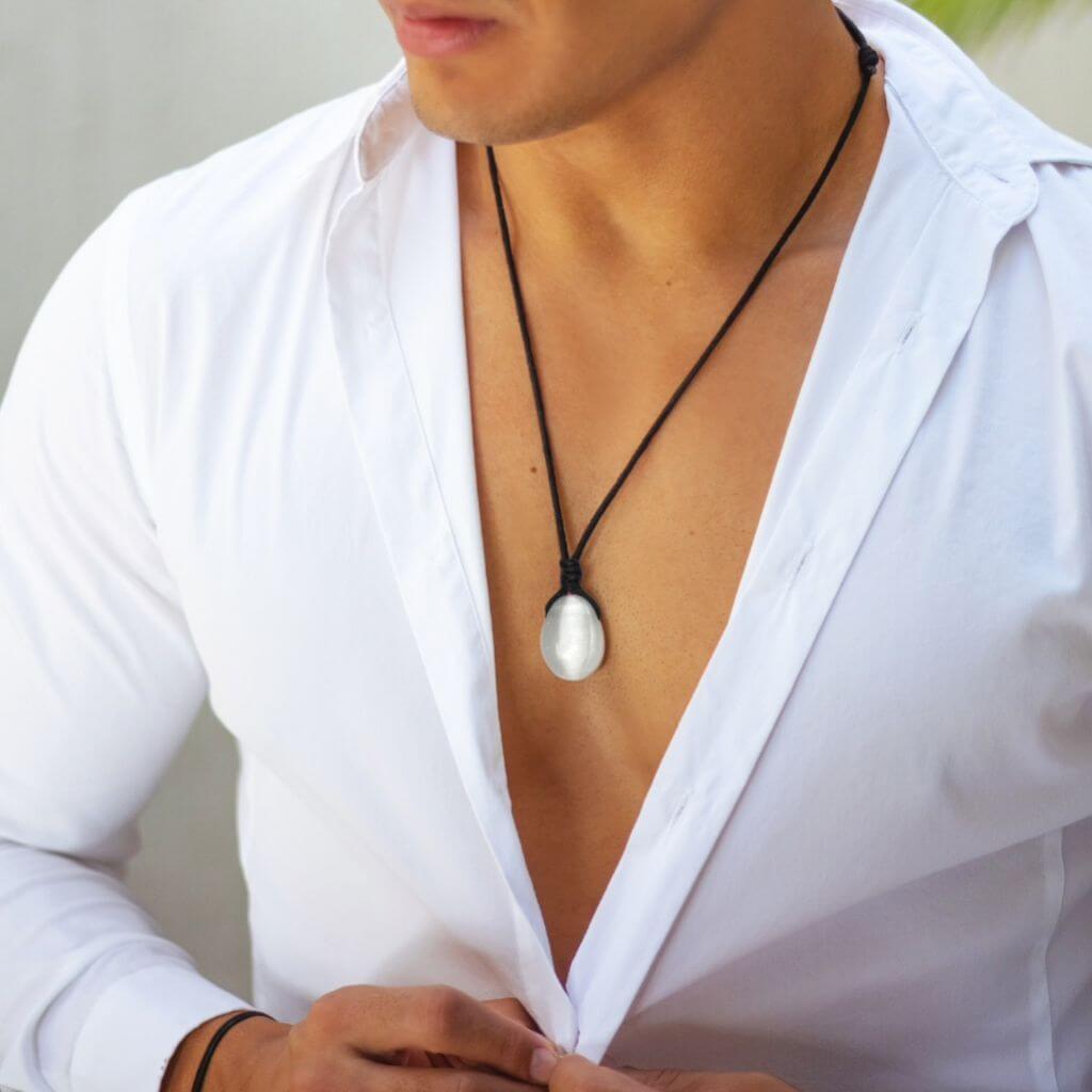 Selenite crystal pendant on a black adjustable waxed cord necklace - Luck Strings