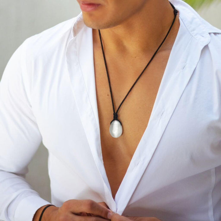 Selenite crystal pendant on a black adjustable waxed cord necklace - Luck Strings