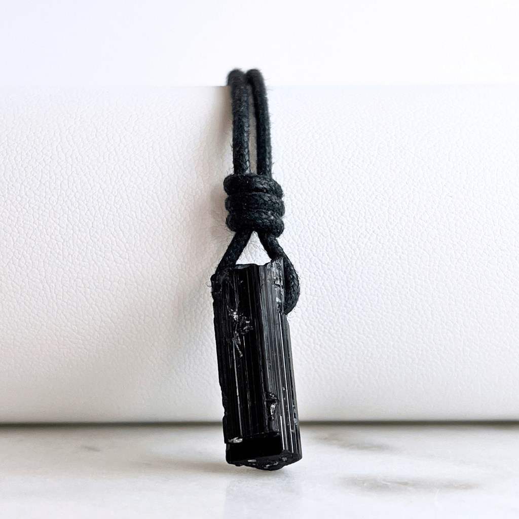 Raw Black Tourmaline OOAK Point Pendant Cord Necklace - A symbol of grounding and vitality by Luck Strings.