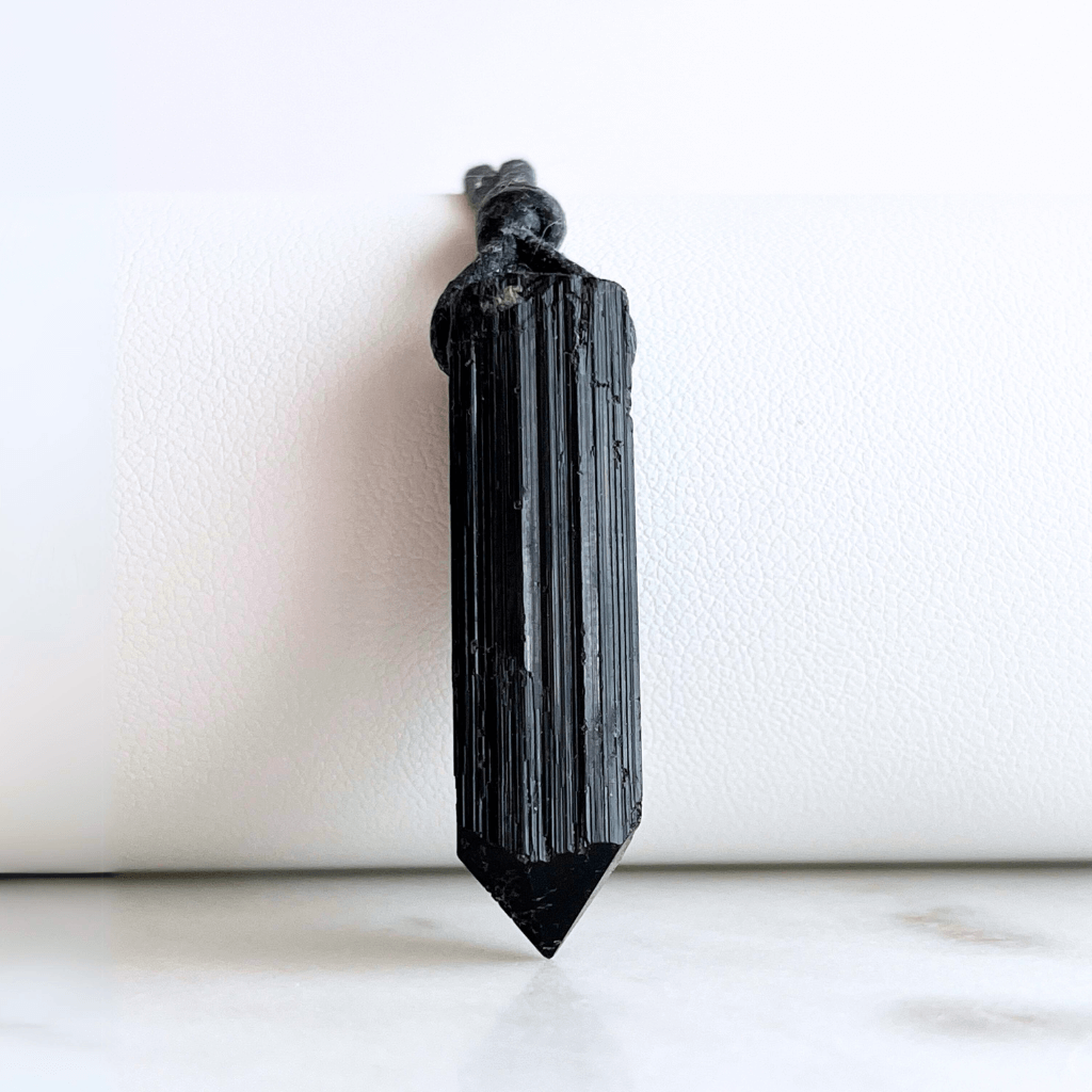 Raw Black Tourmaline OOAK Point Pendant Cord Necklace - A symbol of grounding and shielding by Luck Strings.