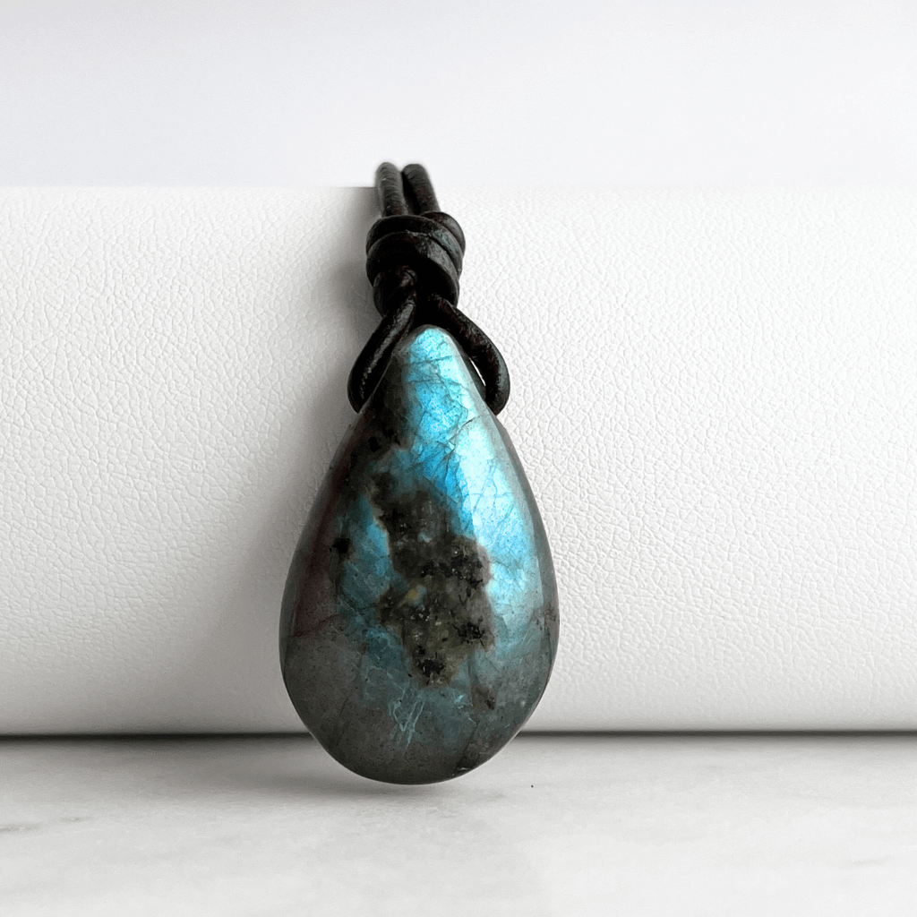 Labradorite Teardrop Gemstone OOAK Pendant Necklace with Blue Flash - Mesmerizing by Luck Strings.