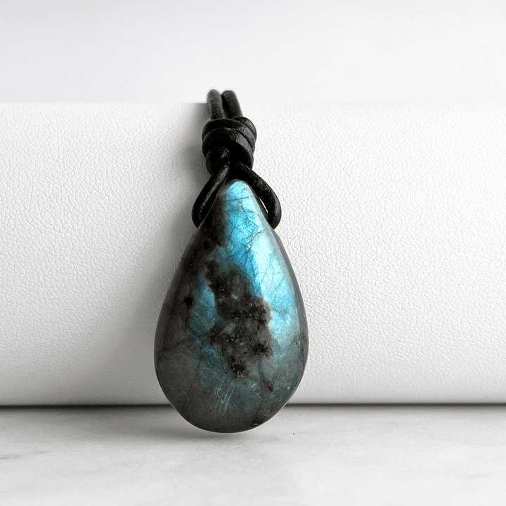 Labradorite Teardrop Gemstone OOAK Pendant Necklace with Blue Flash - Mesmerizing by Luck Strings.