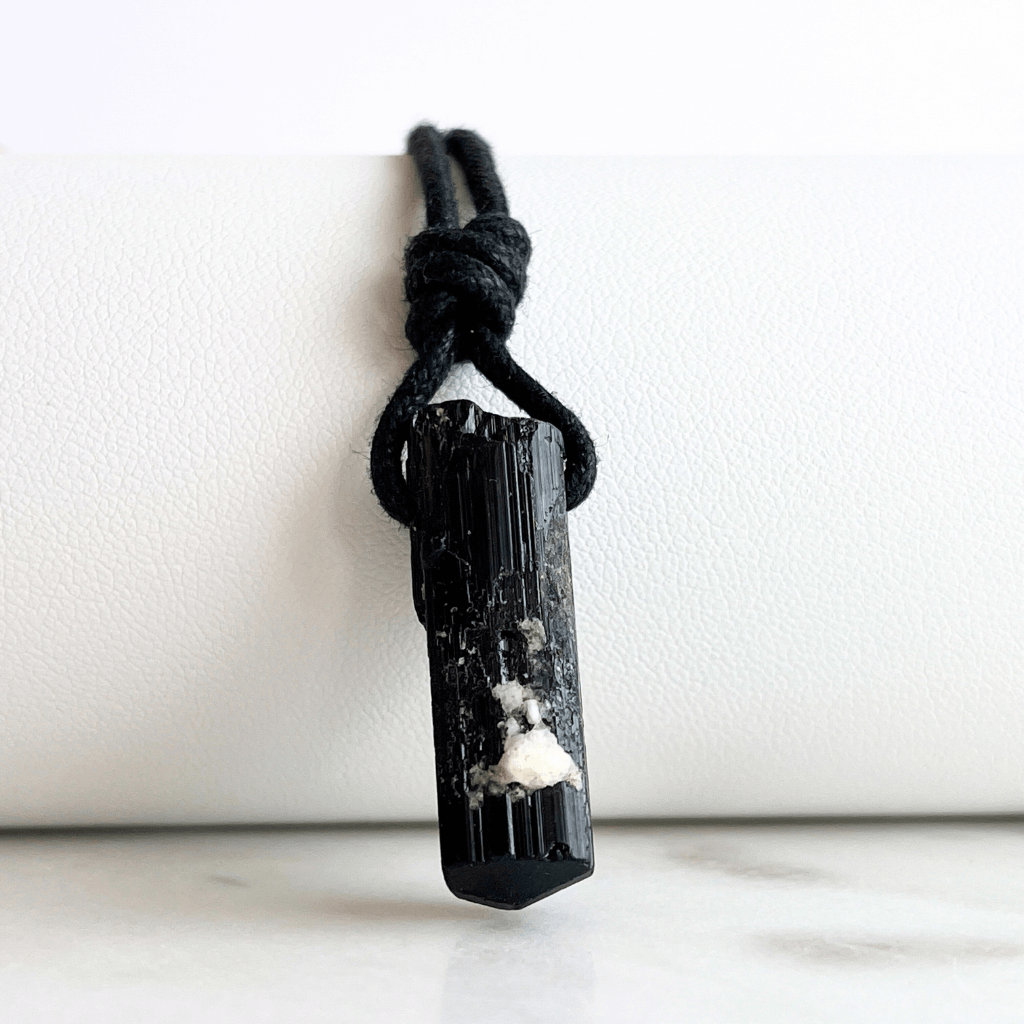 Raw Black Tourmaline OOAK Point Pendant Cord Necklace - A symbol of protection and grounding by Luck Strings.