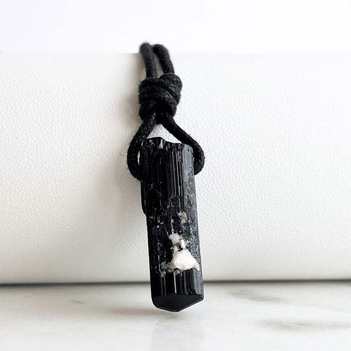 Raw Black Tourmaline OOAK Point Pendant Cord Necklace - A symbol of protection and grounding by Luck Strings.
