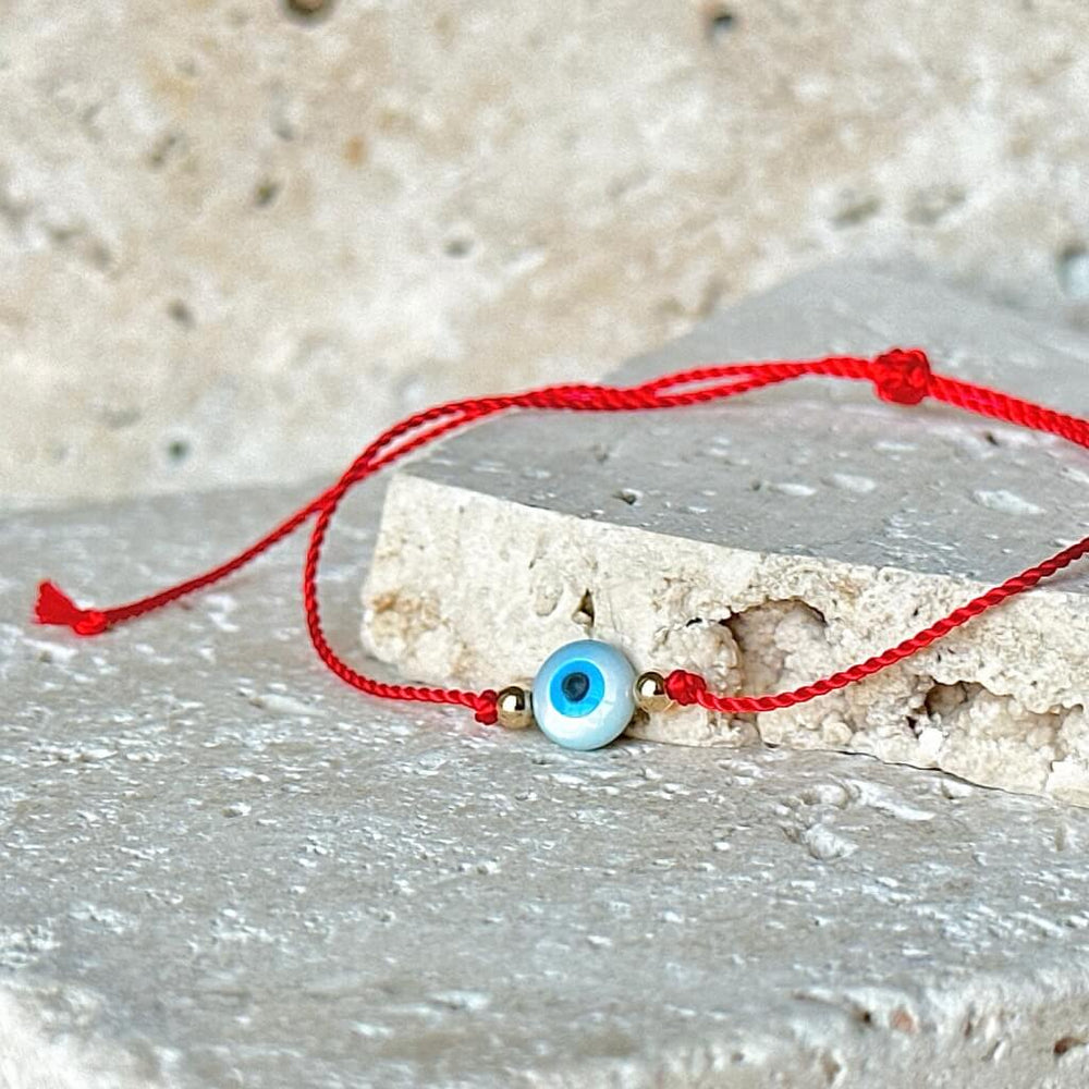 Mother of Pearl Evil Eye Red Cord 14k Solid Gold Beads Bracelet - Protective Elegance by Luck Strings.