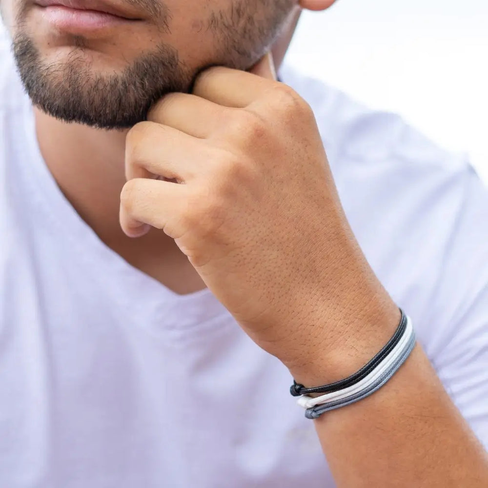 Modeled Black, White & Gray Cord Bracelet Set - Perfect for Minimalist Elegance - Luck Strings