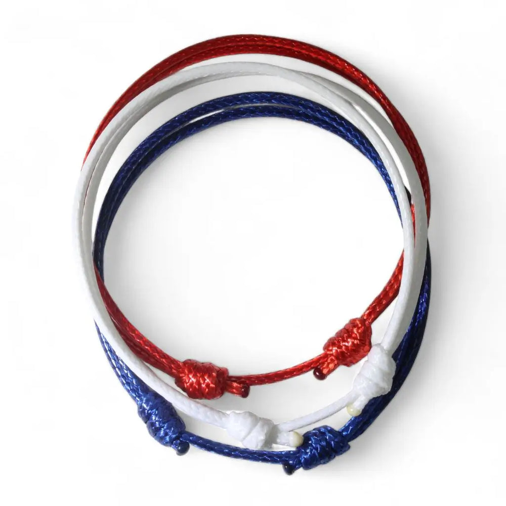 Red-Navy-White Wax Nylon Cord Bracelet close-up - Luck Strings