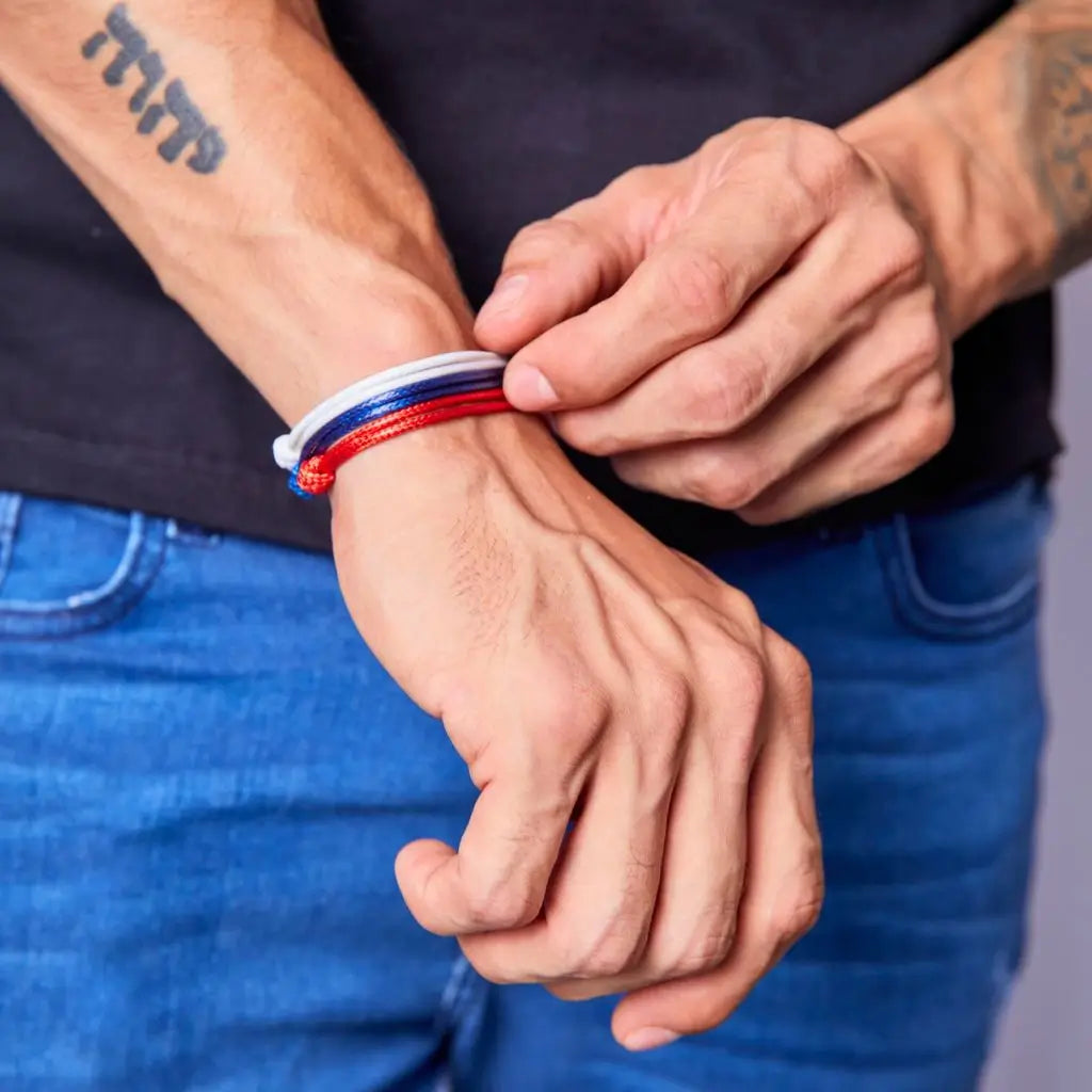 Modeled photo of Red-Navy-White Wax Nylon Cord Bracelets - Luck Strings
