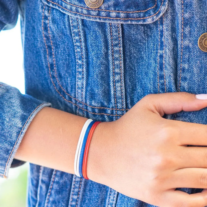 Modeled photo of Red-Navy-White Wax Nylon Cord Bracelets - Luck Strings
