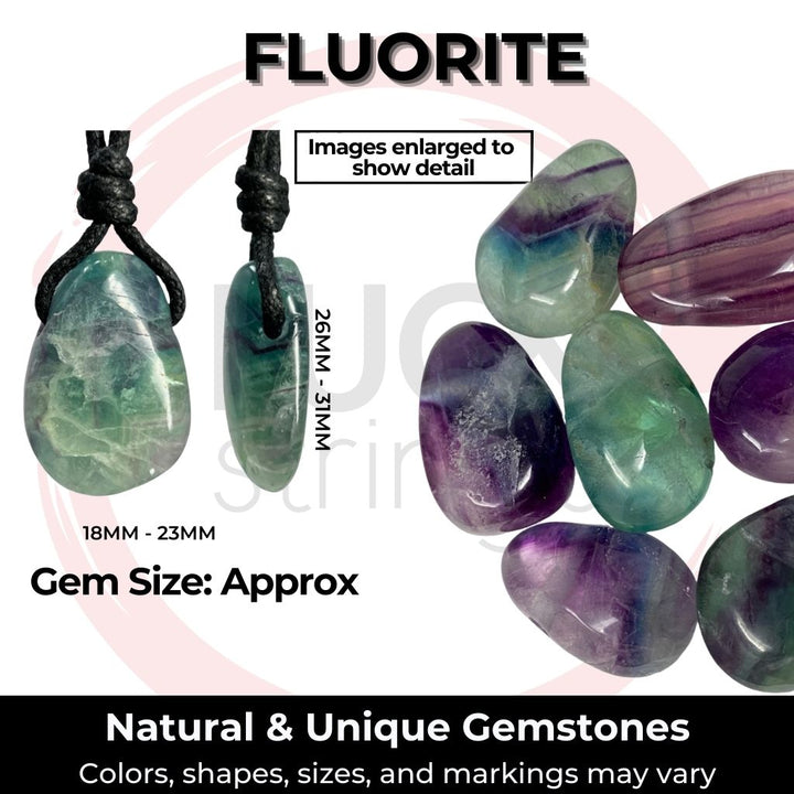 Infographic showing various Fluorite gemstones for necklaces with approximate sizes indicated, highlighting the natural and unique colors, shapes, sizes, and markings of each stone - Luck Strings