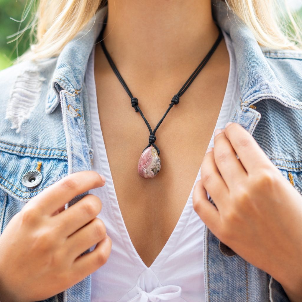 Luck Strings-Handcrafted rhodochrosite necklace with adjustable sliding knots made from natural gemstones