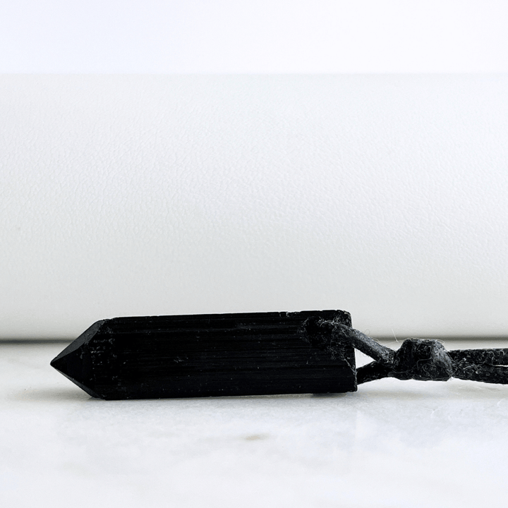 Raw Black Tourmaline OOAK Point Pendant Cord Necklace - A symbol of grounding and shielding by Luck Strings.