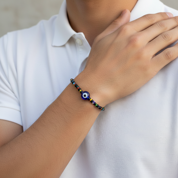 Black Multicolor Seed Bead Evil Eye Bracelet