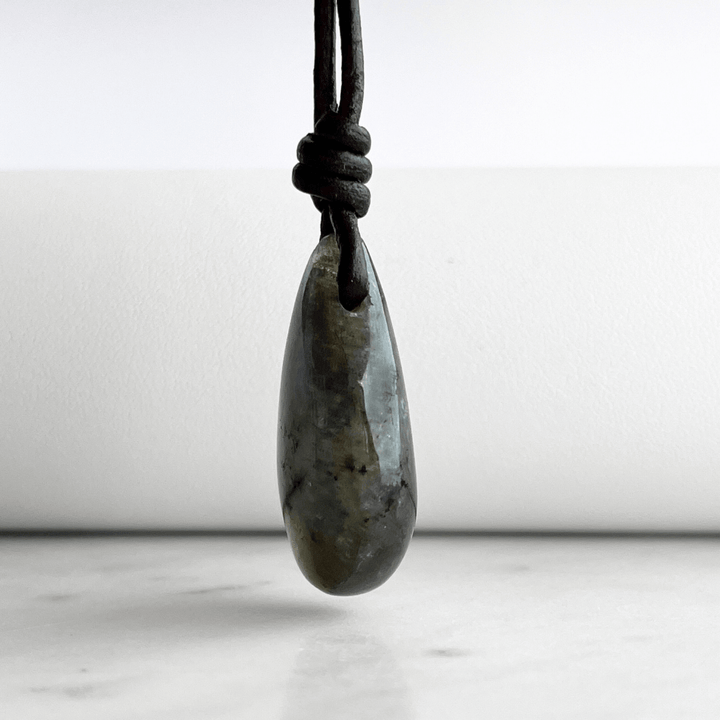 Labradorite Teardrop Gemstone OOAK Pendant Necklace with Blue Flash - Mesmerizing by Luck Strings.