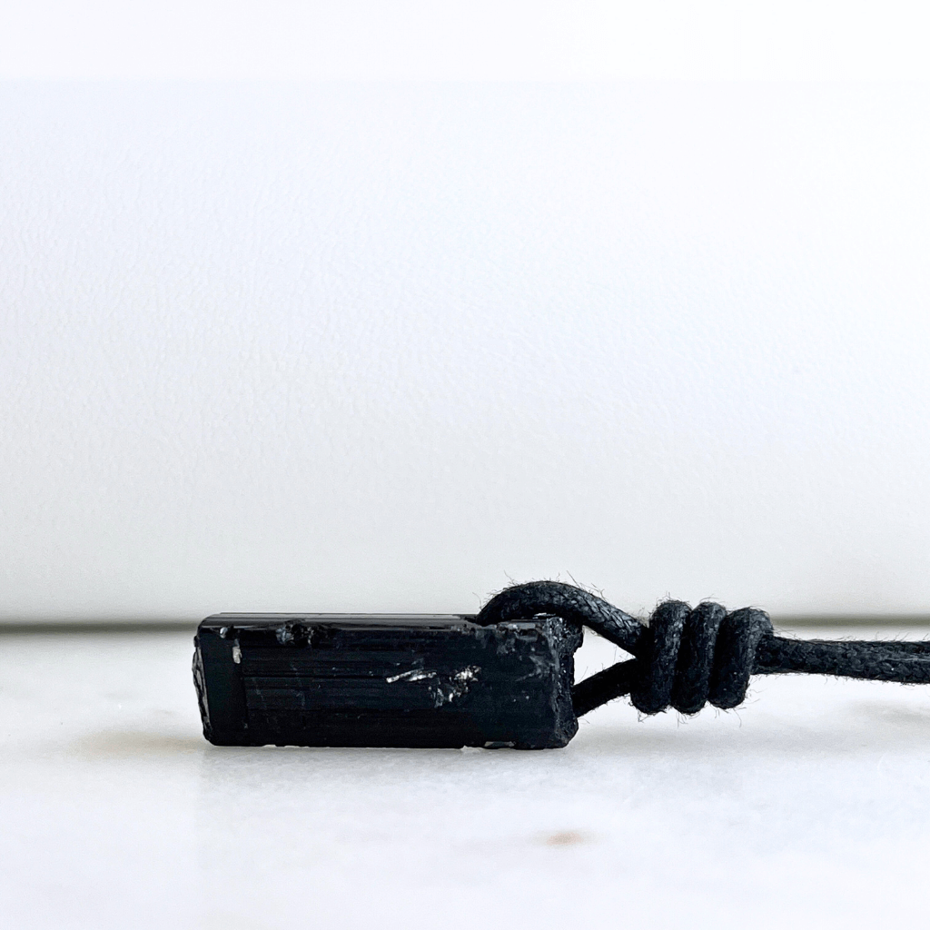 Raw Black Tourmaline OOAK Point Pendant Cord Necklace - A symbol of grounding and vitality by Luck Strings.