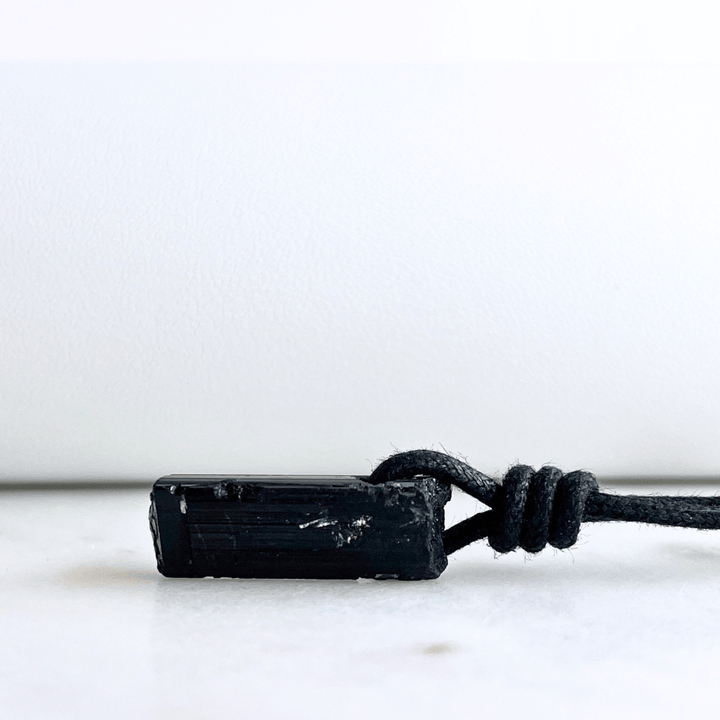 Raw Black Tourmaline OOAK Point Pendant Cord Necklace - A symbol of grounding and vitality by Luck Strings.