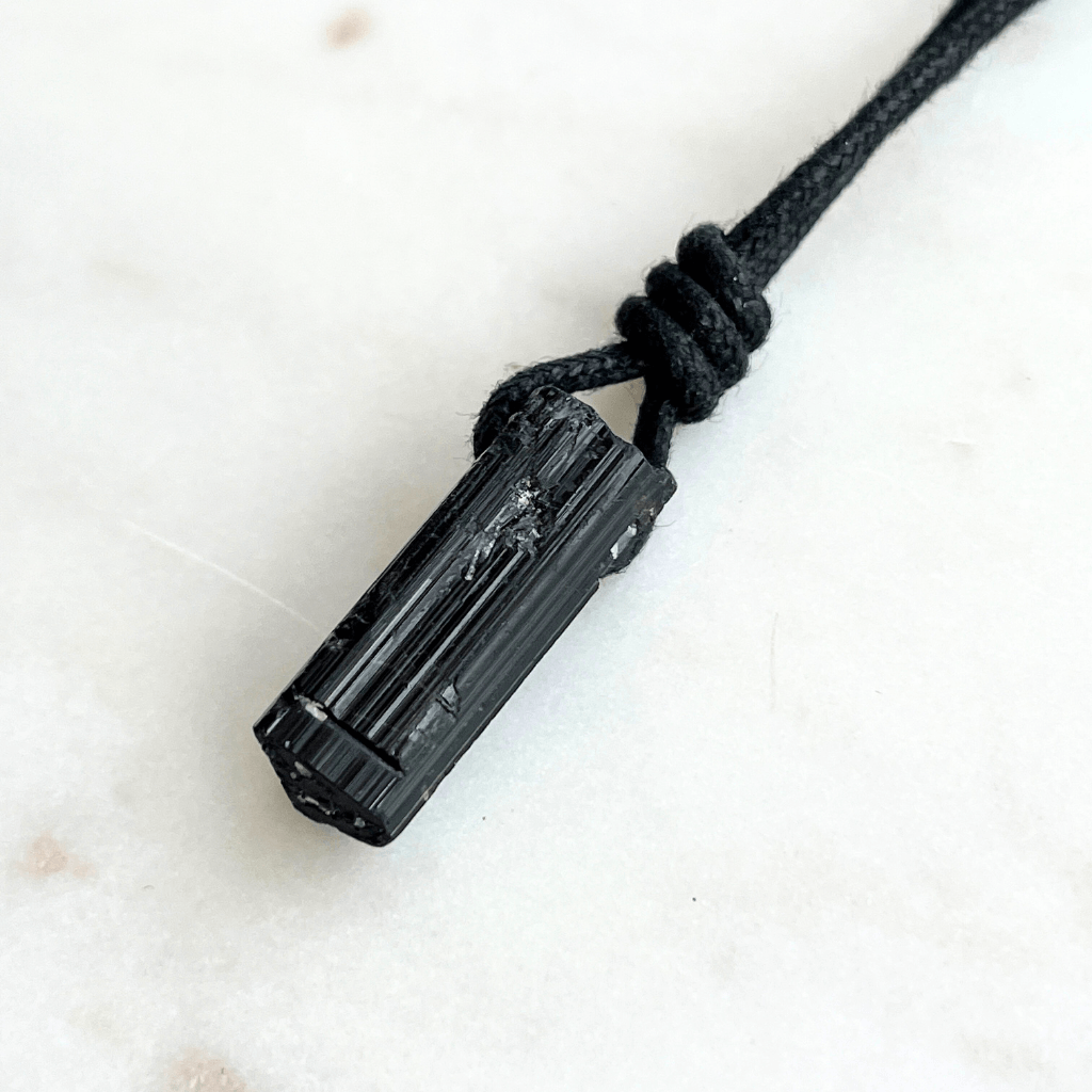 Raw Black Tourmaline OOAK Point Pendant Cord Necklace - A symbol of grounding and vitality by Luck Strings.