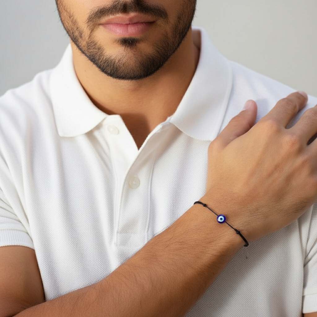 Man wearing a white polo shirt with a close-up of his wrist showing a evil eye bracelet.
