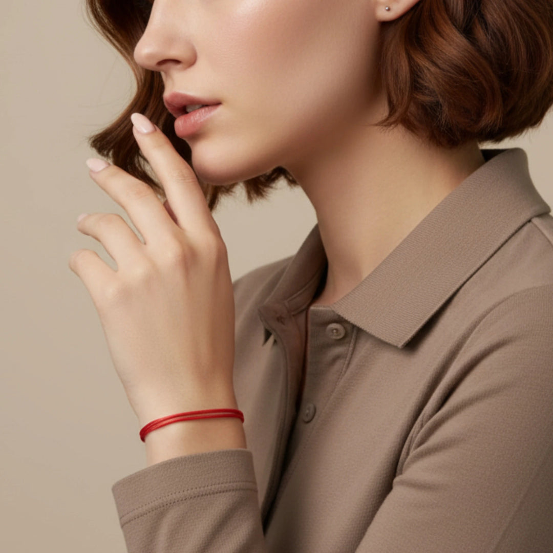 Woman wearing a brown shirt with a red bracelet on a beige background