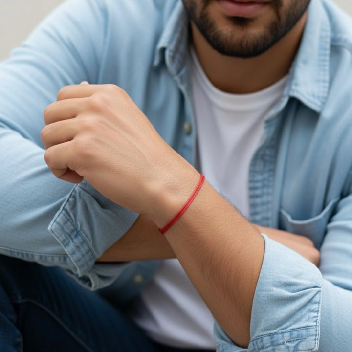 Person wearing a red bracelet with a light blue shirt and white shirt underneath.