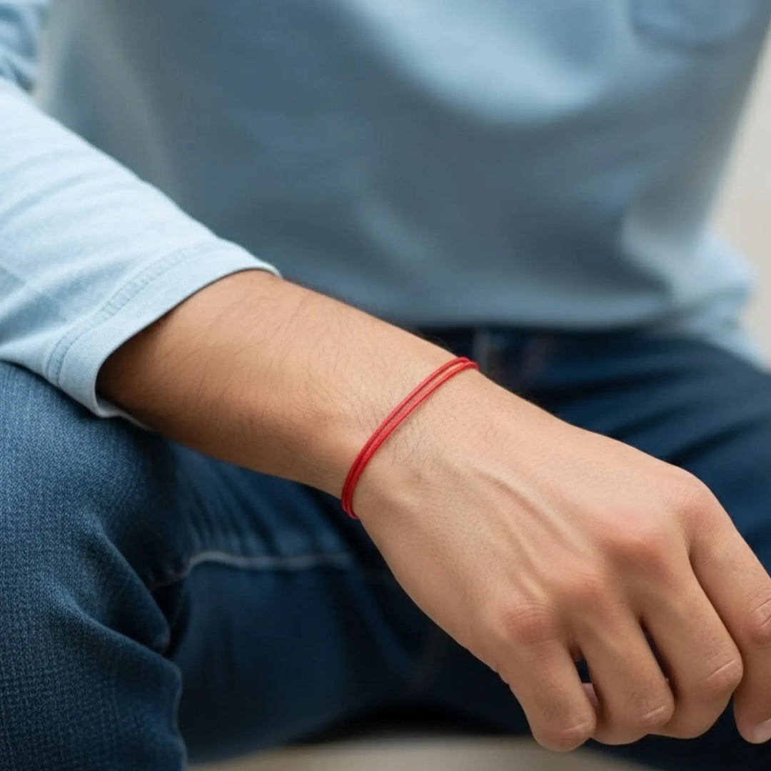 Hand wearing a red bracelet with a blurred background