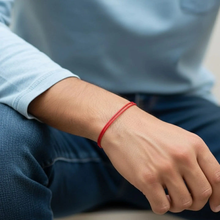 Hand wearing a red bracelet with a blurred background