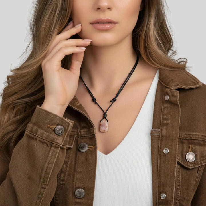 Woman wearing a brown jacket with a necklace featuring a sunstone,