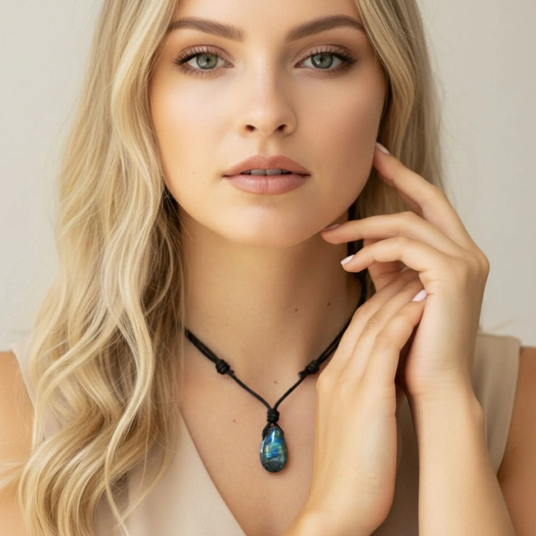 Woman wearing a necklace with a blue labradorite pendant against a neutral background