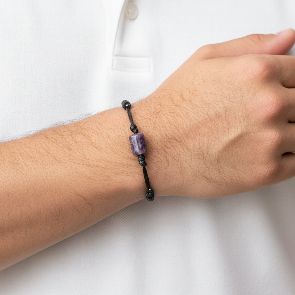Hand wearing a black beaded bracelet with a purple bead on a white background