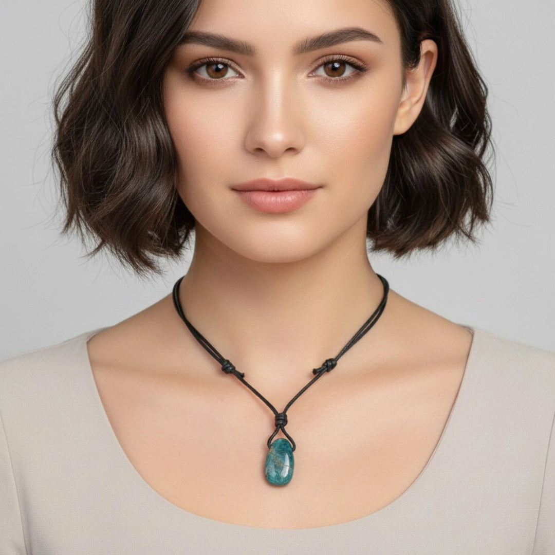 Woman wearing a necklace with an Apatite pendant against a neutral background