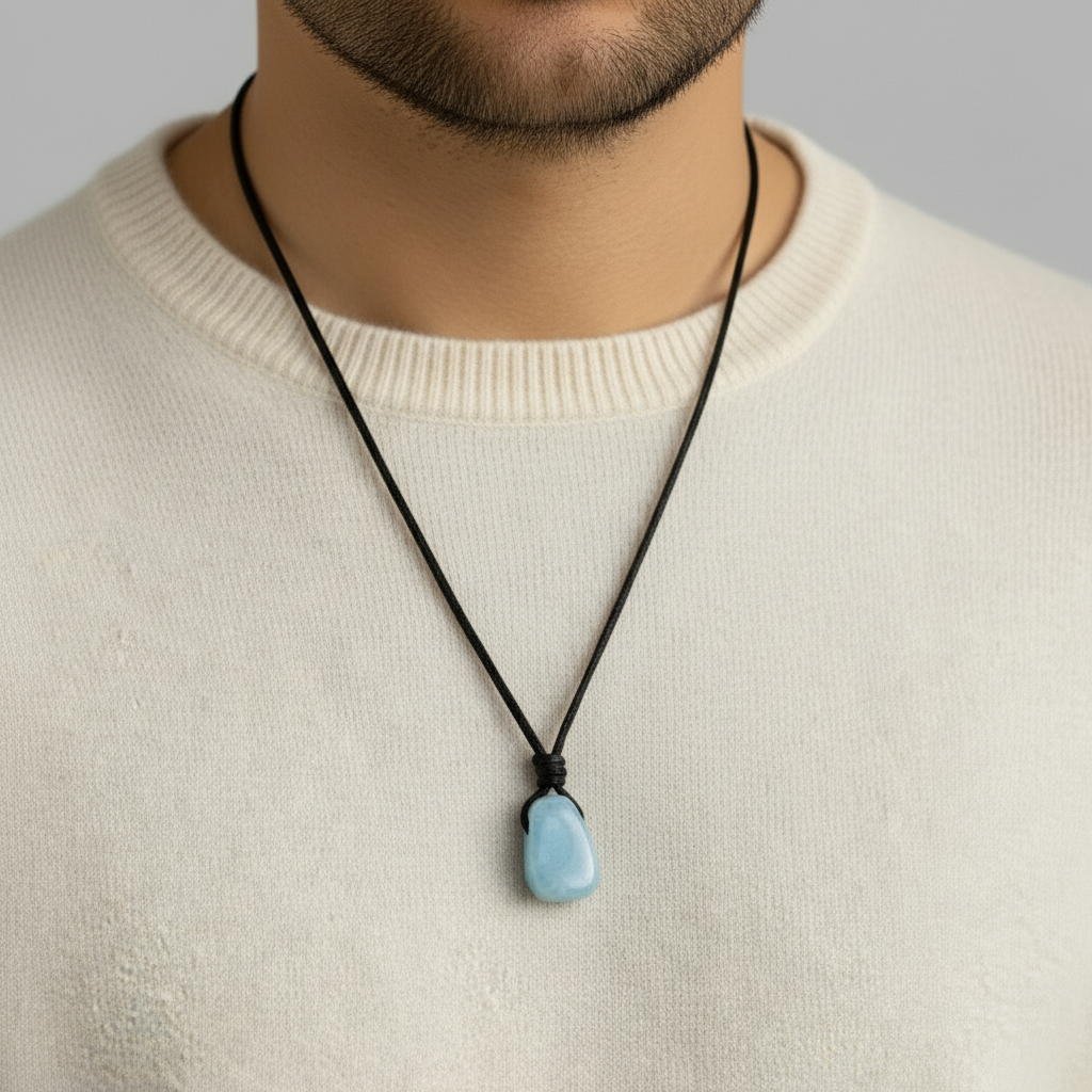Necklace with a blue aquamarine pendant worn by a person in a beige sweater.
