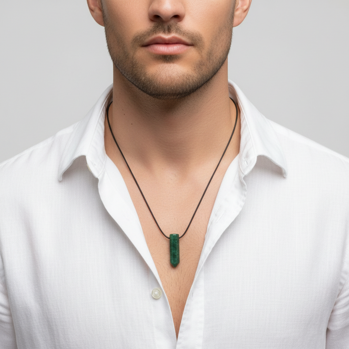 Man wearing an Aventurine point pendant necklace