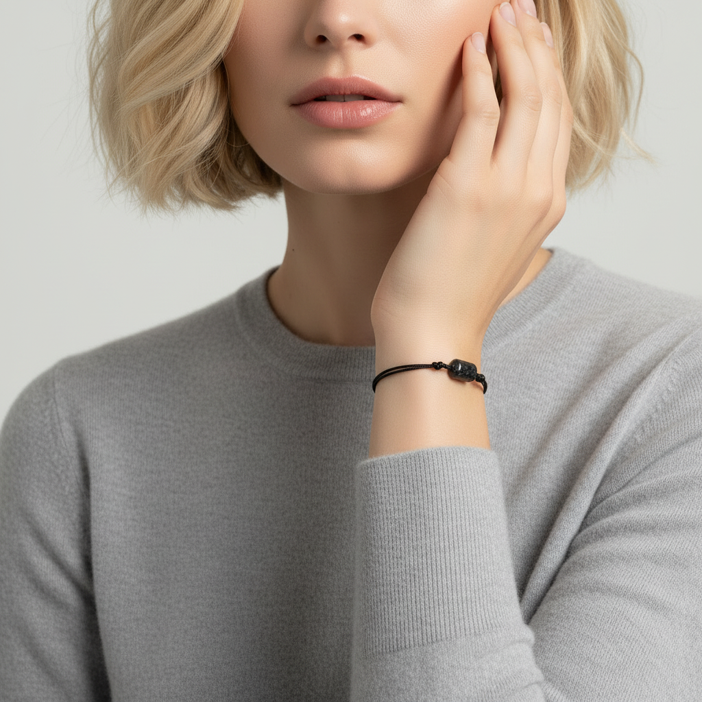 Woman wearing raw black tourmaline bracelet on black cord, close-up of wrist.
