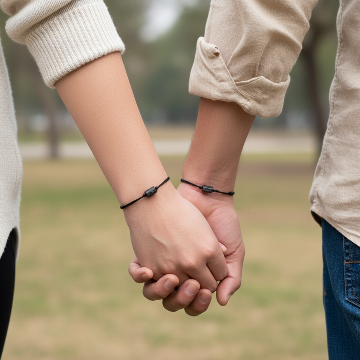 Two people holding hands with blurred background wearing tourmaline bracelets.