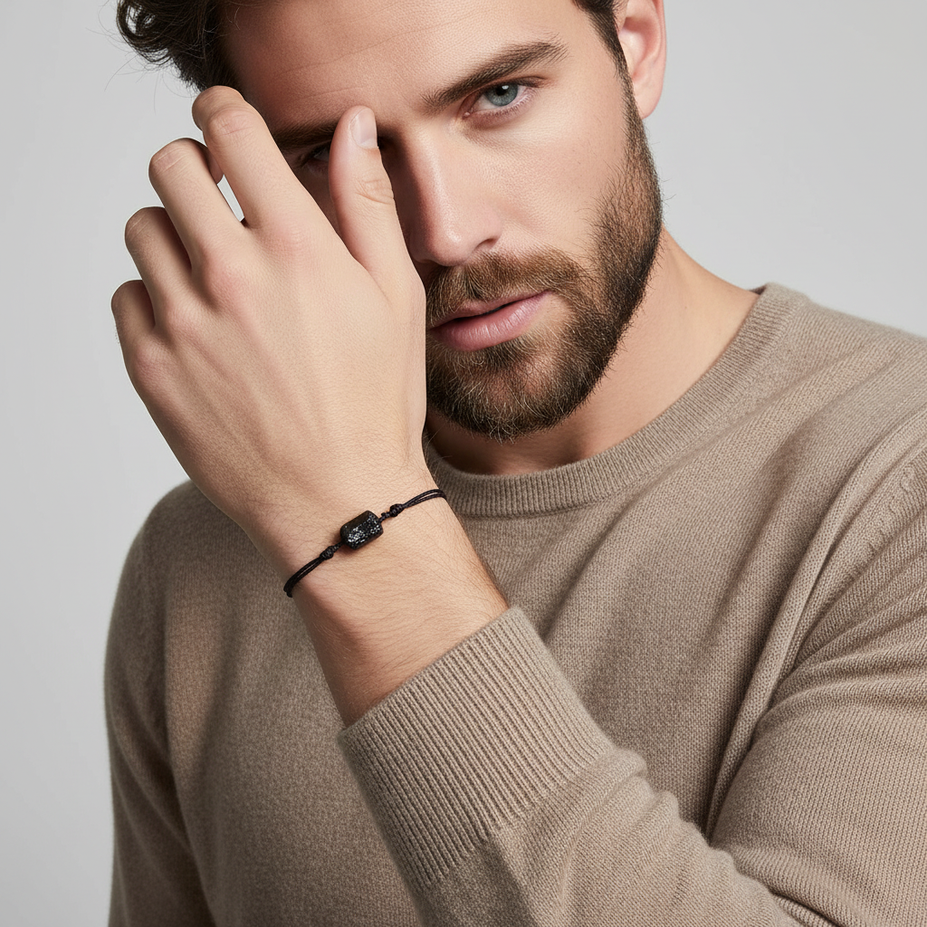 Man wearing a tourmaline bracelet on his wrist with a neutral background