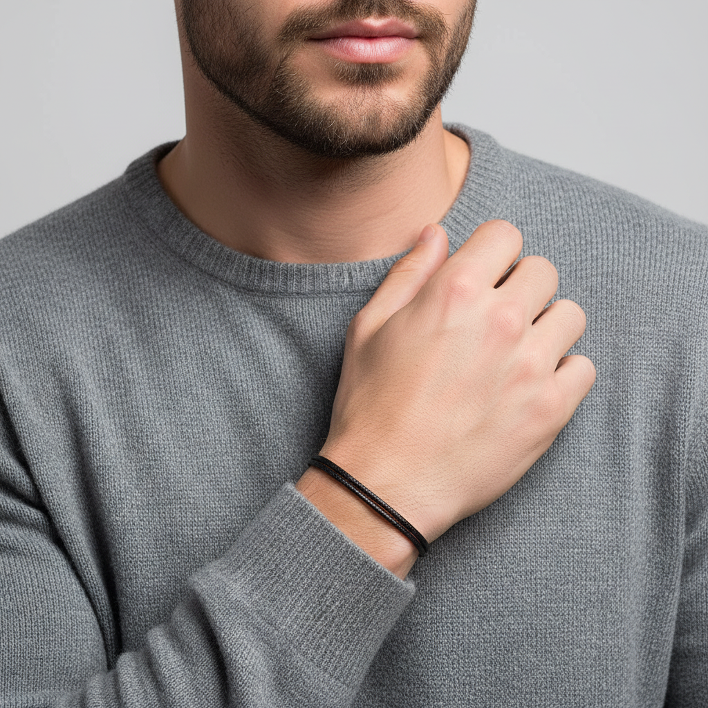 Man wearing a gray sweater with a black cord wax nylon bracelet and blurred background