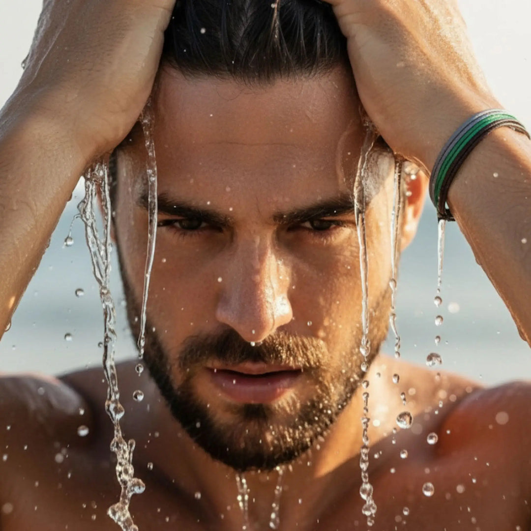 Man with water droplets on his face and shoulders wearing a brown, green, and gray cord bracelet trio against a blurred natural background