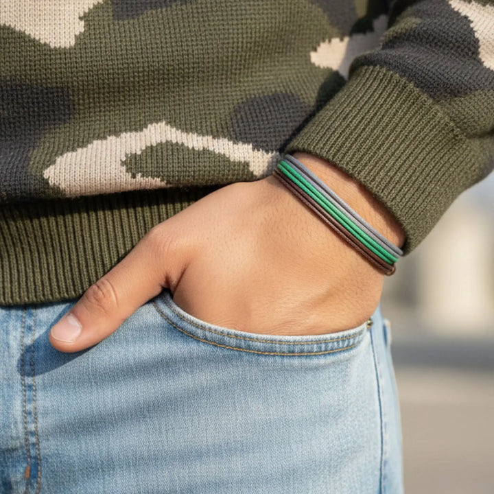 Person wearing a camouflage jacket and blue jeans with a bracelet on a blurred background