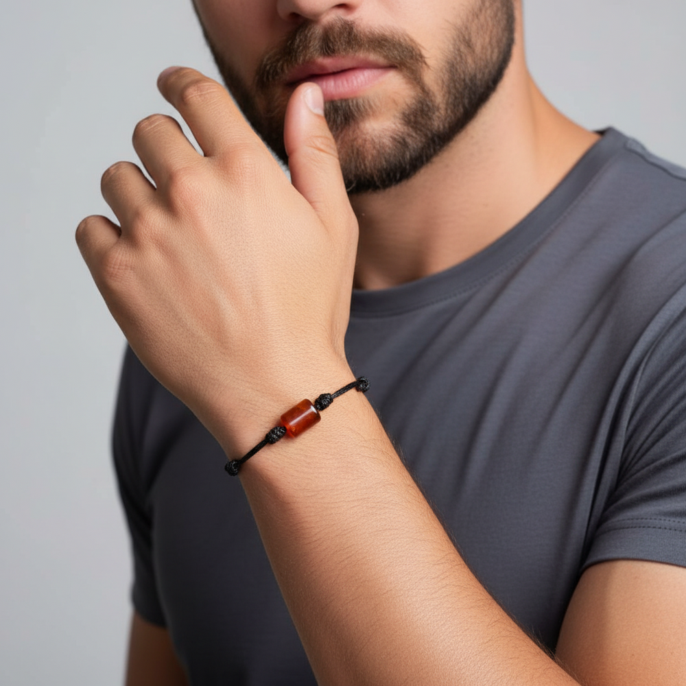 Man wearing carnelian cylinder bead bracelet on black waxed cord.

